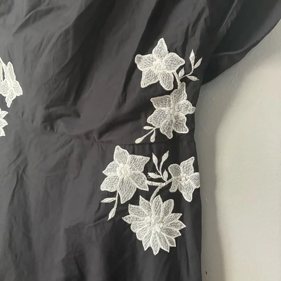 One-Shoulder Floral Embroidery Cotton Poplin Dress in Black Midi Size M 8 - Picture 4 of 9